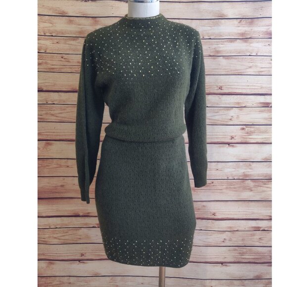 Vintage Gold Beaded Olive Sweater Pencil Skirt - Picture 8 of 8